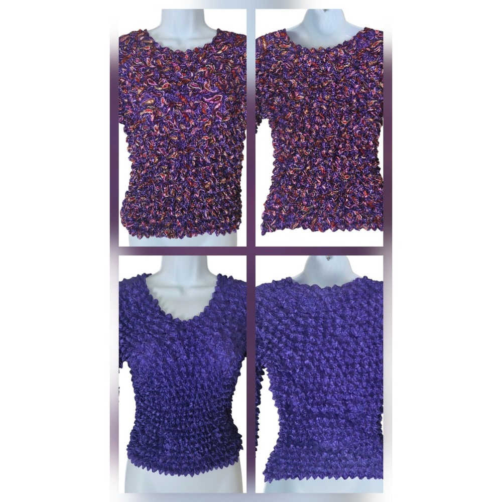 Lot of 2 Purple Popcorn Tops One Size Crinkle Stretch Long Sleeve‎ Short Sleeve